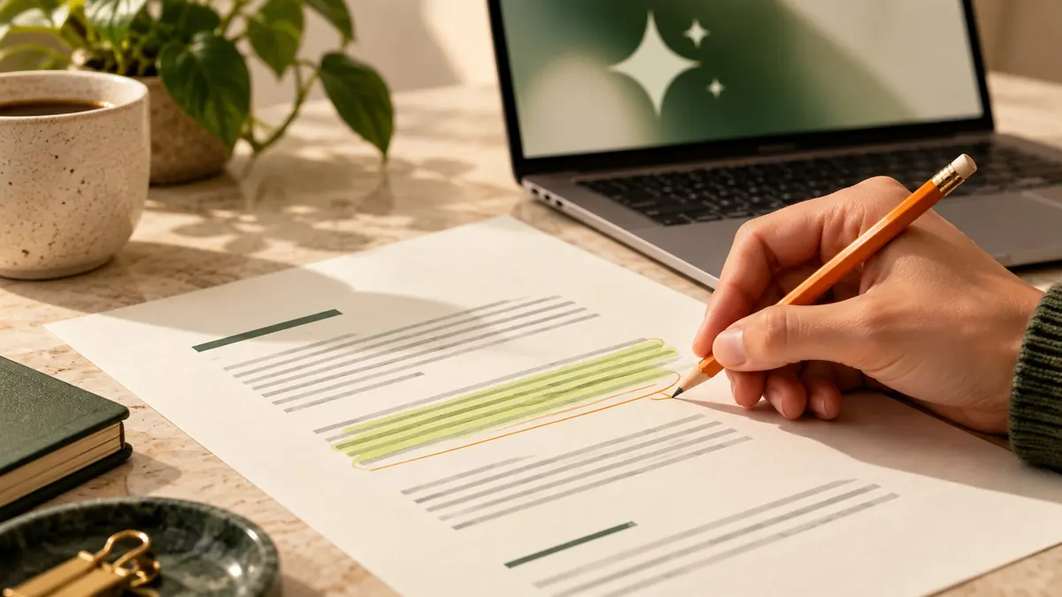 A hand reviews a highlighted draft with an orange pencil beside a laptop.