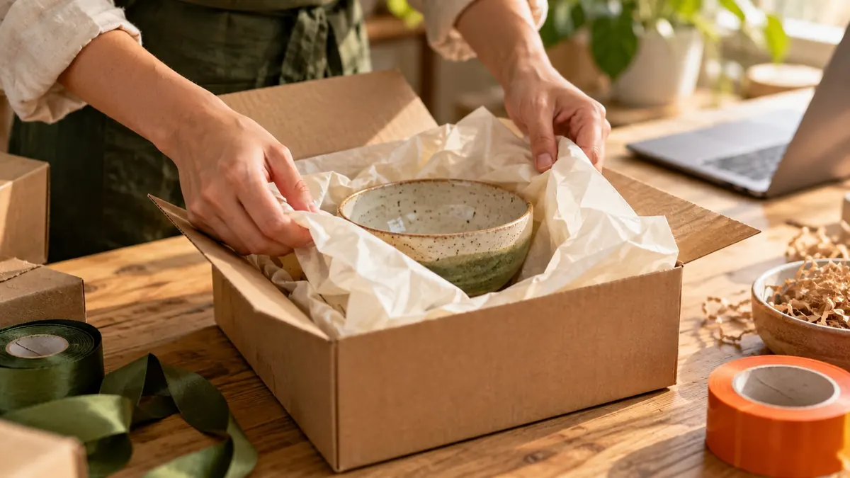 Hands wrap a ceramic bowl in tissue at a small-business packing station.