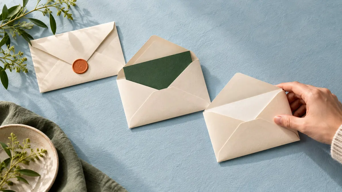 Cream envelopes with a green card and orange seal illustrate ongoing communication.