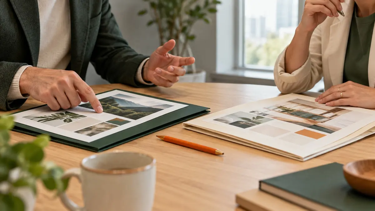 Two people compare portfolios and discuss a project at a meeting table.