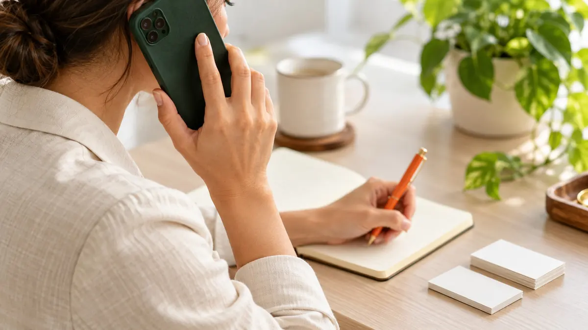 A professional takes a phone inquiry and makes notes with an orange pen.