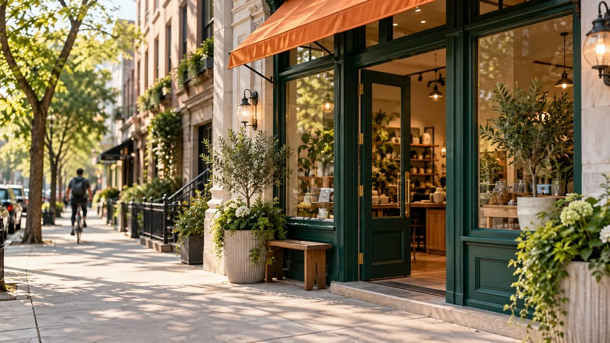 A neighborhood storefront with a green doorway and orange awning.