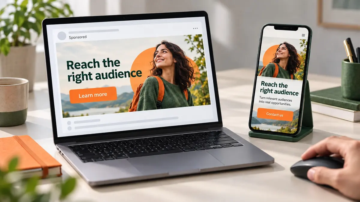 A laptop shows a sponsored online ad beside a phone with a matching mobile landing page.