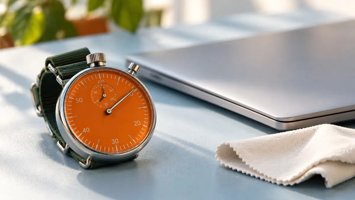 An orange stopwatch rests beside a closed laptop on a pale blue surface.