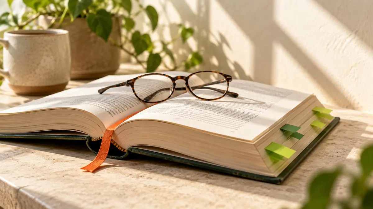 An open reference book with green page tabs, an orange bookmark and reading glasses.