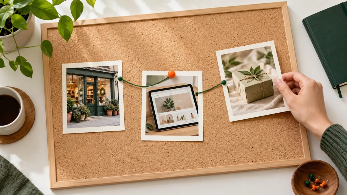 Three photos connected by green thread represent a connected customer journey.