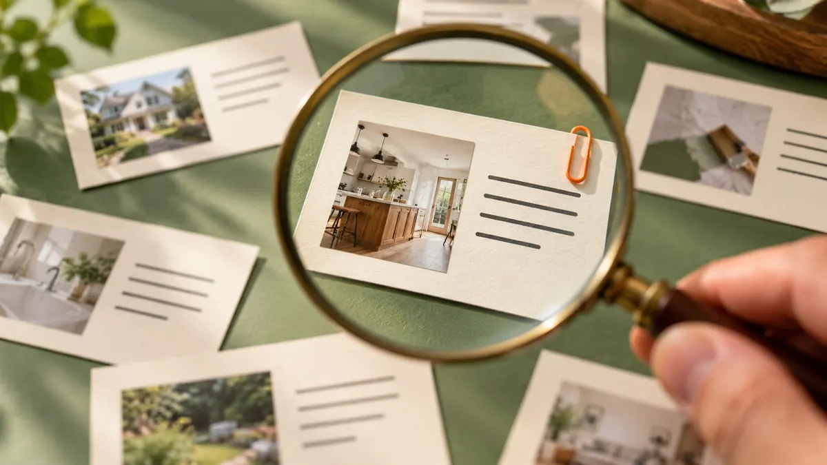 A magnifying glass isolates one relevant topic card among several options.