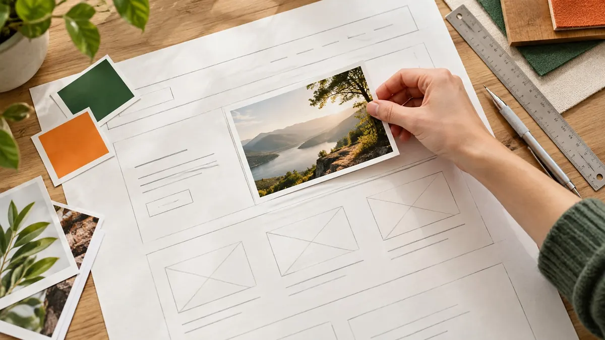 A designer places a photo in a paper website wireframe beside color swatches.