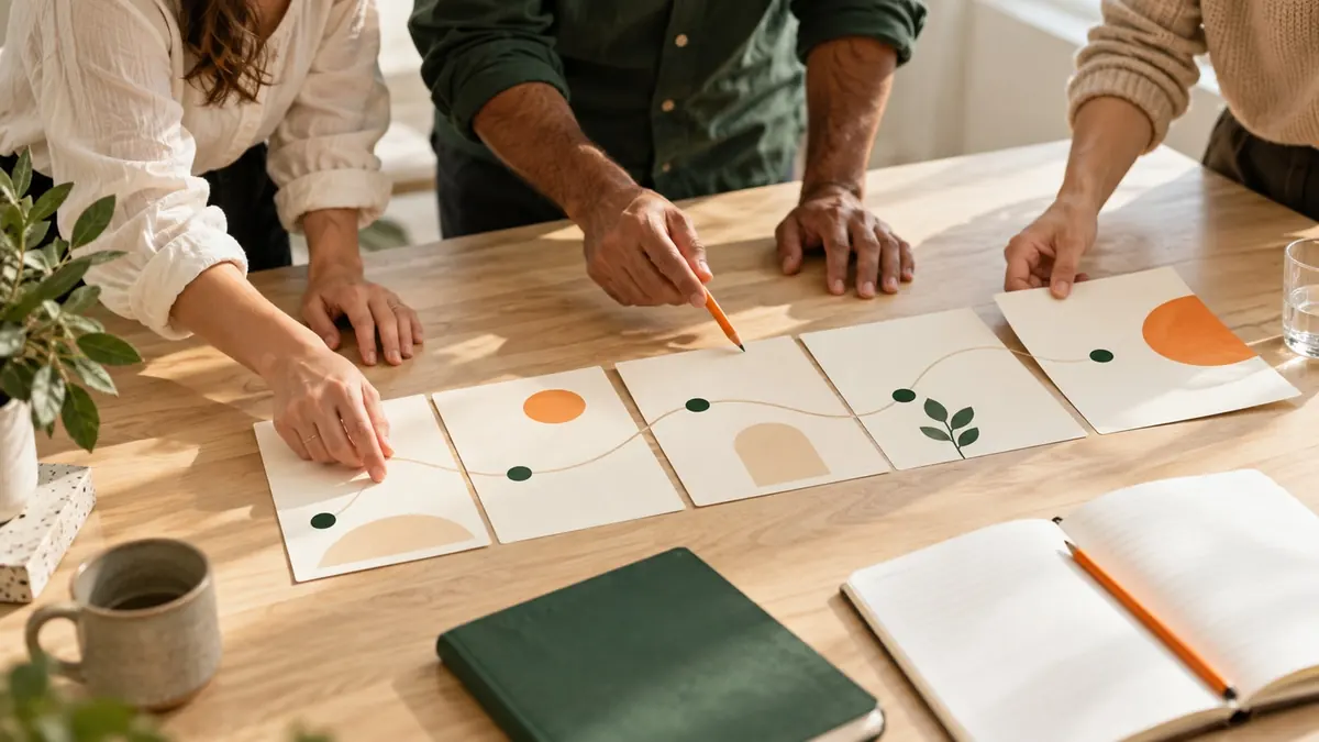 A team arranges customer-journey cards with green and orange accents.