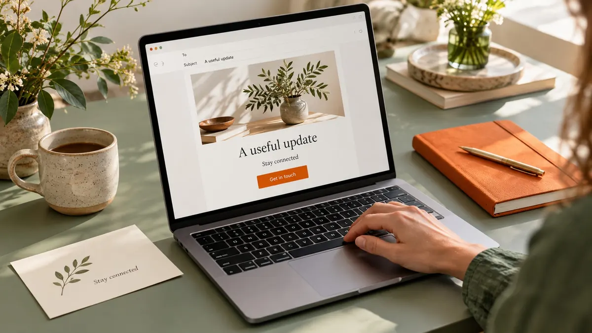 A useful email update with a green botanical image and orange contact button being composed on a laptop.
