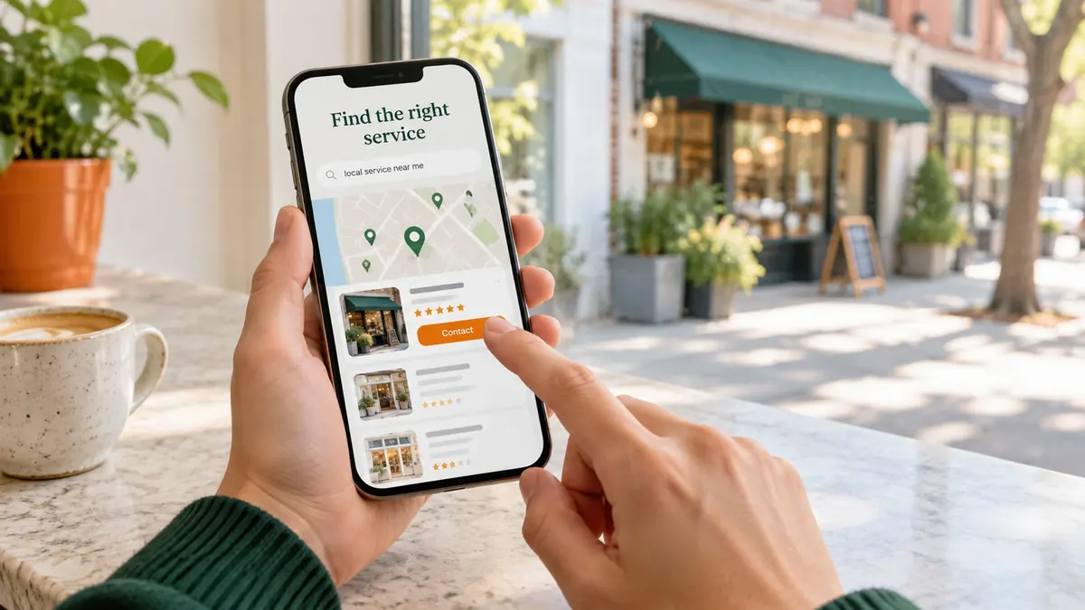A visitor finds a local business on a phone and selects its orange Contact button.