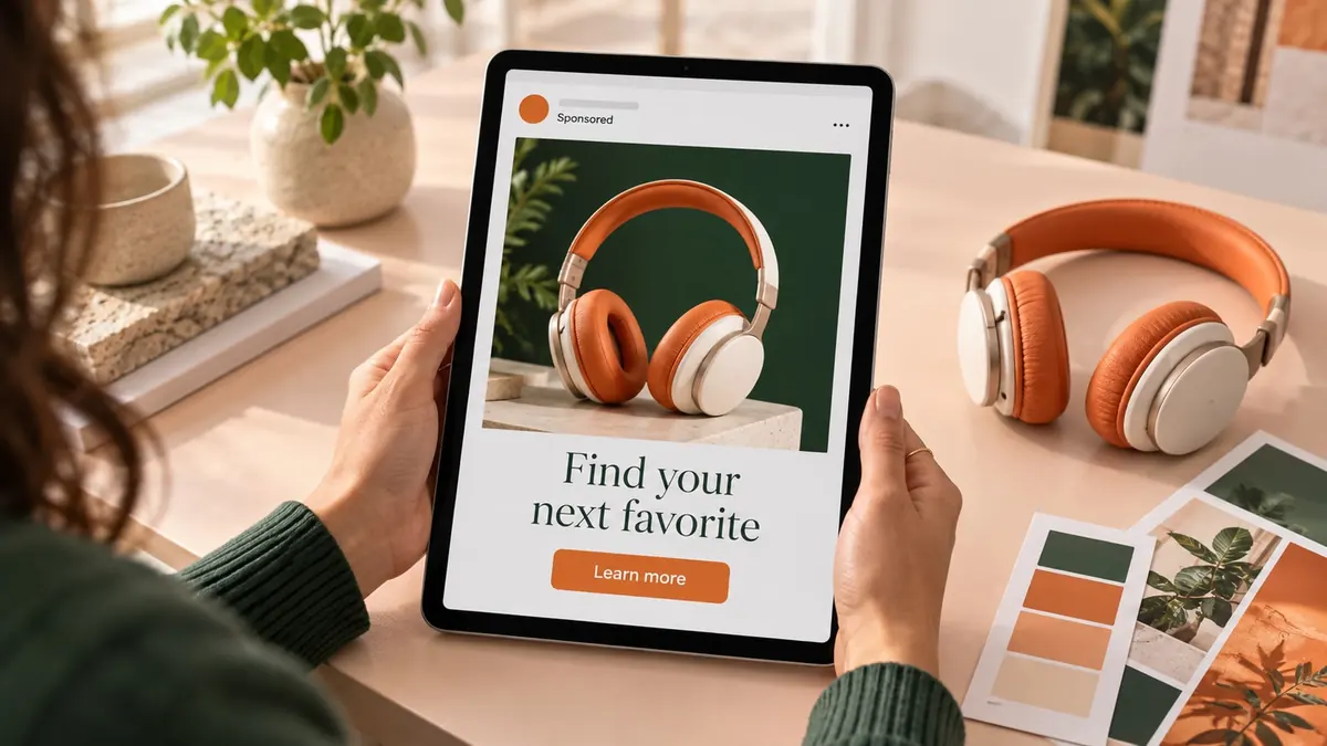 A sponsored online ad for orange headphones being reviewed on a tablet.