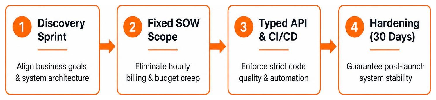 Step-by-step engineering sequence from discovery sprint to post-launch hardening