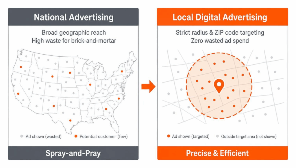 Comparison between national ad spray-and-pray and precise local digital ad targeting