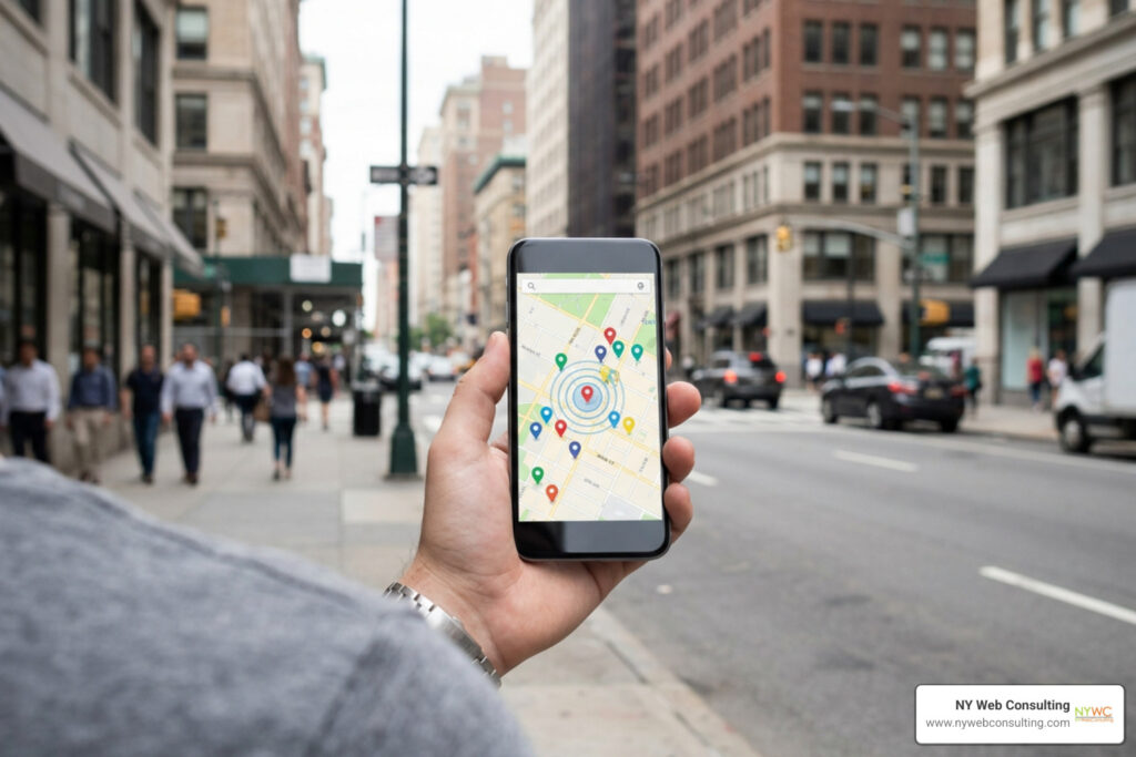 Smartphone displaying local search grid pins and geolocation signals