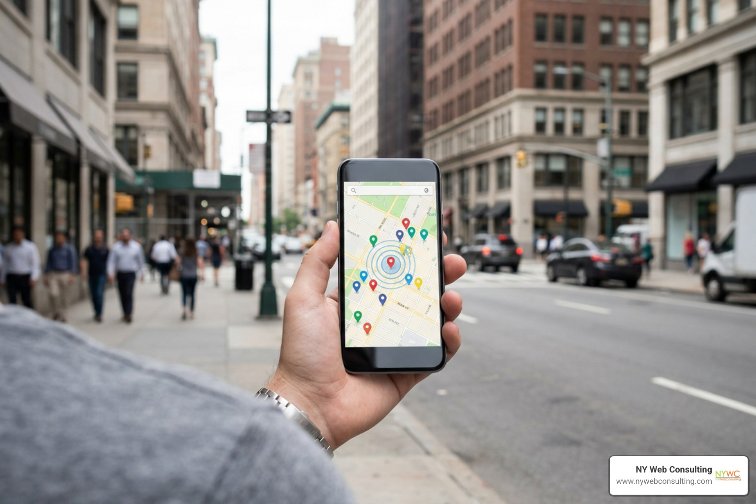 Smartphone displaying local search grid pins and geolocation signals